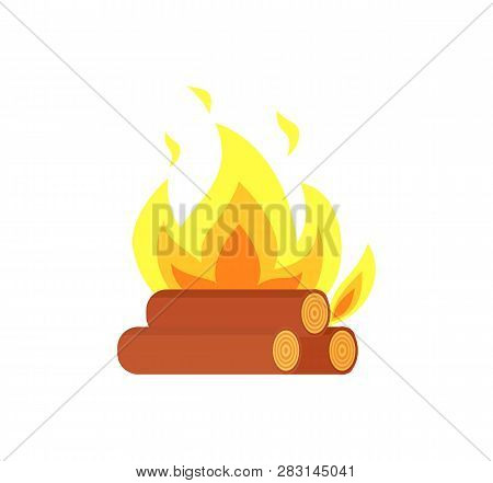 Burning Billets Isolated Vector Icon. Flame Tongues And Logs In Yellow Fire, Hot Campfire Or Bonfire