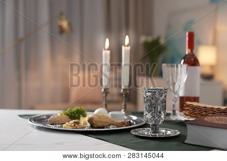 Table Served For Passover (pesach) Seder Indoors, Space For Text