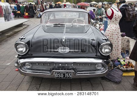 London, England - April 28, 2018. 1957 Super 88 Oldsmobile At The Annual Classic Car Exhibition And 