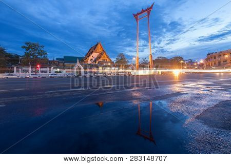 The Giant Swing And Suthat Temple At Twilight Time, In Bangkok Thailand