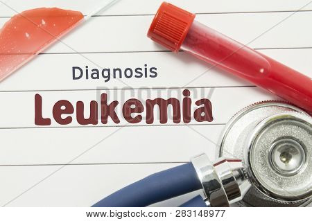 Diagnosis Of Leukemia. Medical Book With Text Header Hematological Diagnosis Leukemia Lies On Doctor