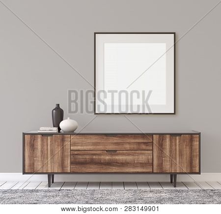 Interior And Frame Mockup. Modern Hallway. Black Square Frame On The Gray Wall. 3d Rendering.