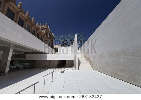 Barcelona, Spain - 22 June 2012: Modern Minimalist Architecture Of Caixaforum With White Walls And B