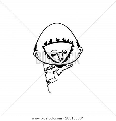 Bighead Trying Snowboarding. Hand Drawn Vector Monochrome Outline Cartoon Character Illustration Wit
