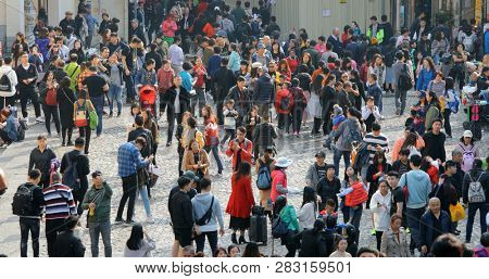 Largo Do Senado, Macau- 22 January 2019: Crowded of Tourist in Ruins of St. Paul's