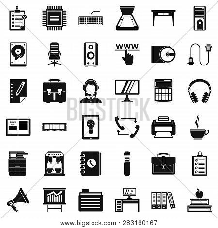 Work Computer Icons Set. Simple Style Of 36 Work Computer Icons For Web Isolated On White Background