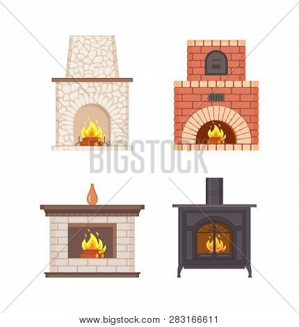 Fireplace With Wooden Shelf And Vase On Top Vector Isolated Icons Set. Bricks And Stones Pavement, I