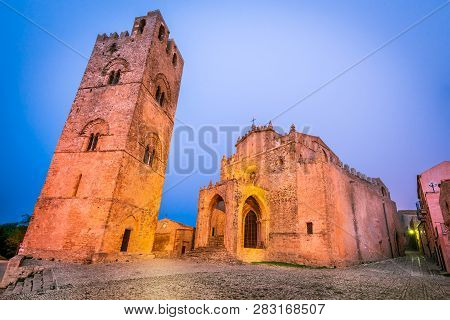 Erice, Sicily. Chiesa Madre, Duomo Assunta Main Church Of Medieval Stonewalled City Erix, Italy.