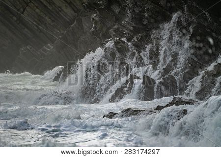 Sea Waves Breaking In The Coast Cliffs In Barrika