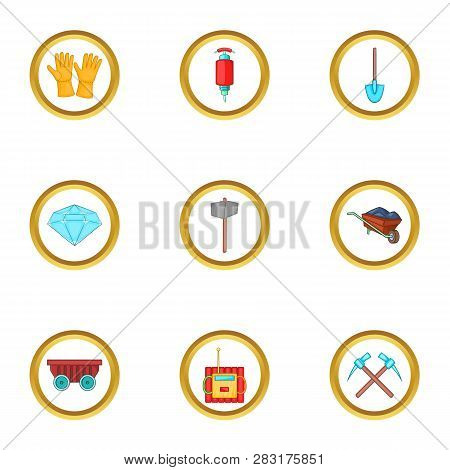 Diamond Mining Icons Set. Cartoon Set Of 9 Diamond Mining Icons For Web Isolated On White Background