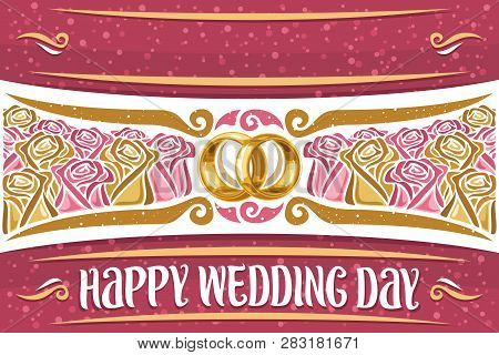 Vector Greeting Card For Wedding With Copy Space For Wishes, Cartoon Garden Roses, Empty Headline Fo