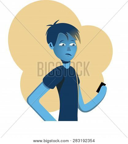 Sad Boy Looks At The Phone Screen. Illustration, Vector Boy Blue Cartoon.