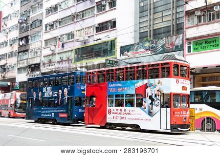 Hong Kong, February 9, 2019:  The Tramway Runs On Hong Kong Island Between Kennedy Town And Shau Kei