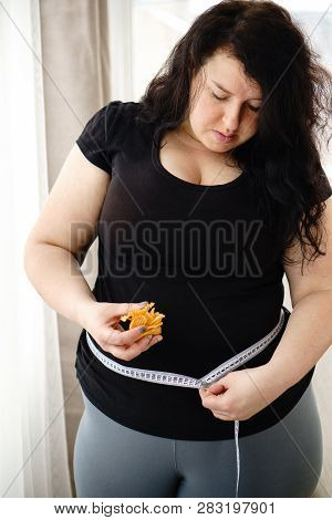 Stress, Eating Problems, Compulsive Overeating, Fat Food, Weight Gain. Overweight Woman With Potato 