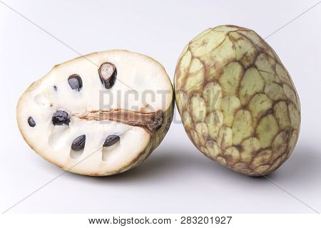 Full And Half Chirimoya Fruit On White Background