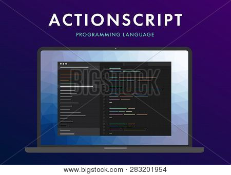 Actionscript Programming Language. Learning On The Laptop Screen With Flat Design And Gradient Purpl