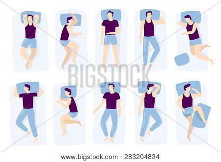 Man Sleeping Poses. Night Sleep Pose, Asleep Male Positioning On Bed And Sleep Position Isolated Vec