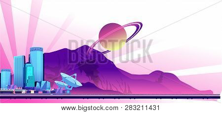 Vector Horizontal Illustration. Scientific Space Base On The Background Of The Mountains, Another Pl