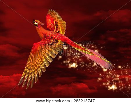 Legendary Phoenix Flying Through A Burning Red Sky - 3d Illustration