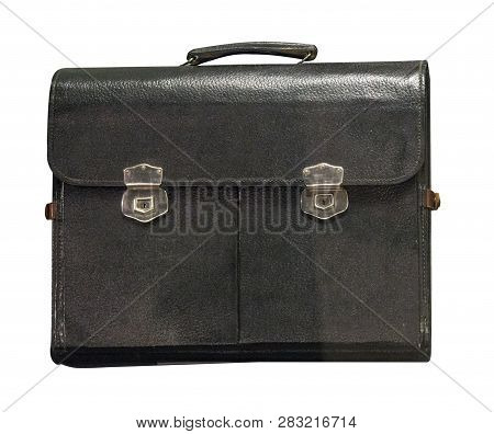 Leather Briefcase Isolated On White Phoneme. Old Shabby Leather Briefcase .