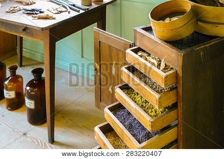 Brienz Switzerland Octuber May 4 2008 This Ancient Chest Of Drawers With Medicinal Herbs Is Exposed 