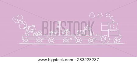 Funny Vector Illustration With Train Carries Toys: Baby Toy Musical Maracas, Designer, Bear, Gifts, 