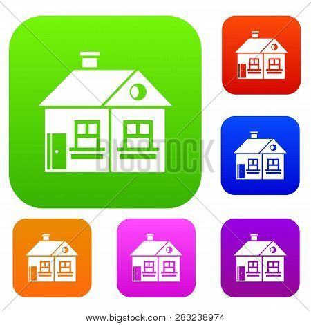 Large Single-storey House Set Icon In Different Colors Isolated Illustration. Premium Collection