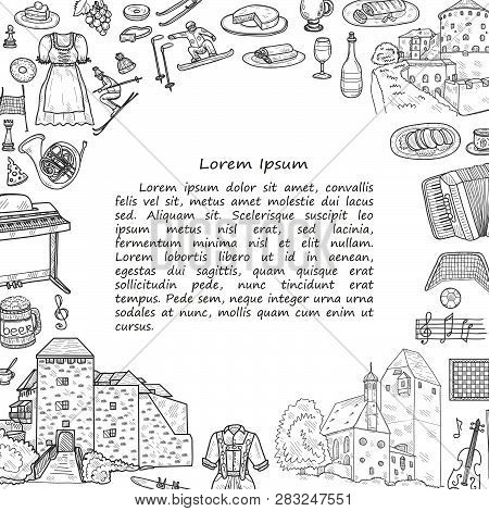 Card Template With Cute Hand Drawn Welcome To Austria Icons. Vector Sketch.