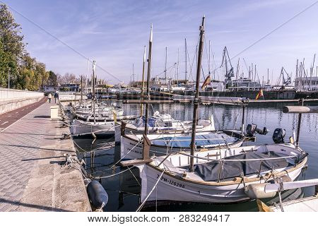 Moored Boats Along The Paseo Maritimo On A Sunny Winter Day