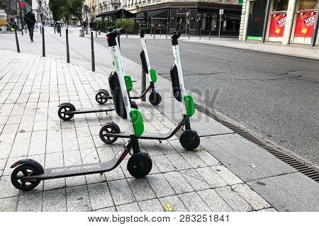 Lyon France, 28 October 2018 : Lime-s Electric Scooter Of The Company Lime In The Street In Lyon Fra
