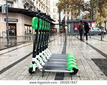 Lyon France, 2 December 2018 : Lime-s Electric Scooter Of The Company Lime In The Street In Lyon Fra