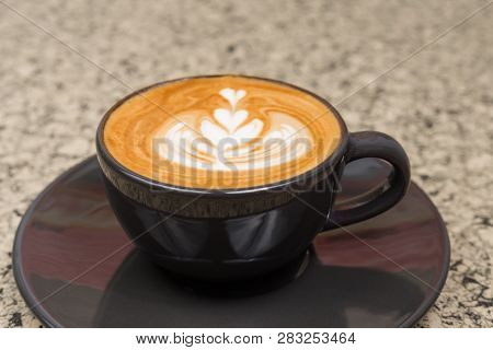 Hot Coffee Cup. Strong Coffee On Wooden Table Background.