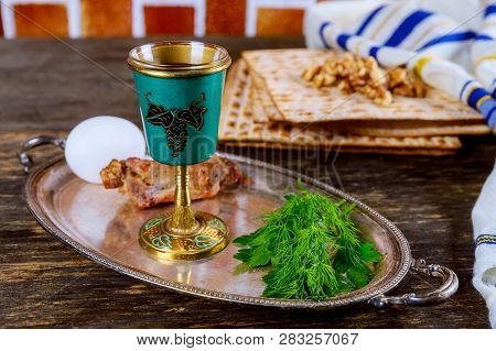 Table Ready For Traditional Seder Plate Ritual The Jewish Holiday Of Passover Kiddush Wine Cup, Hagg