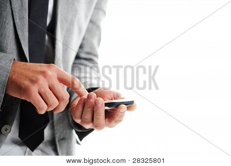 Businesman con un teléfono inteligente, Closeup de manos