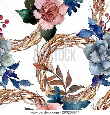 Peony And Succulent Bouquet Floral Flower. Watercolor Background Illustration Set. Seamless Backgrou