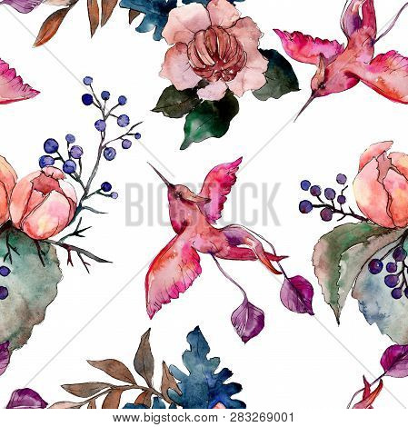 Peony And Succulent Bouquet Floral Flower. Watercolor Background Illustration Set. Seamless Backgrou