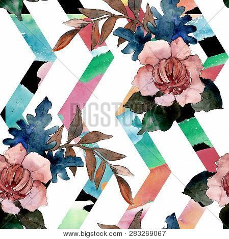 Peony And Succulent Bouquet Floral Flower. Watercolor Background Illustration Set. Seamless Backgrou