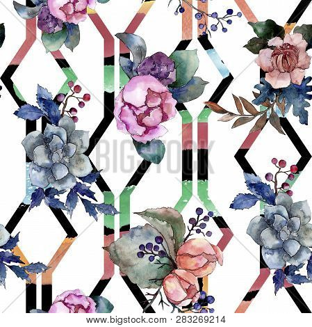 Peony And Succulent Bouquet Floral Flower. Watercolor Background Illustration Set. Seamless Backgrou