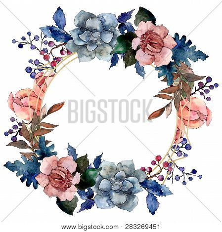 Peony And Succulent Bouquet Floral Flower. Watercolor Background Illustration Set. Frame Border Orna