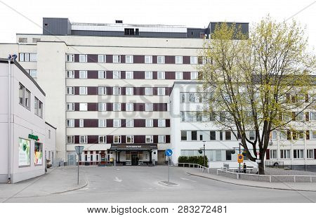 Sodertalje, Sweden - May 14, 2017: The Sodertalje Hospital Building And Main Entrance.
