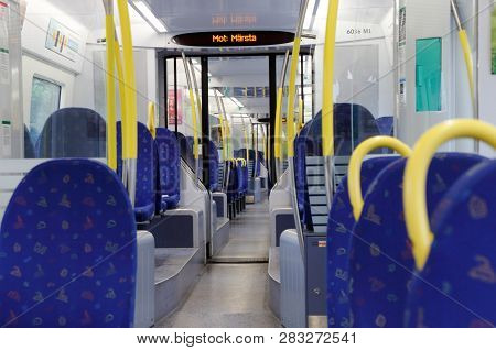 Sodertalje, Sweden - May 31, 2017: Interior Of An Empty Commuter Train Class X60 With Destination Ma