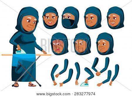 Arab, Muslim Old Woman Vector. Senior Person. Aged, Elderly People. Active, Expression. Face Emotion