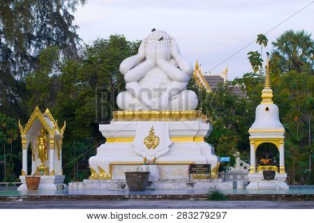 Cha-am, Thailand - December 10, 2018: Sculpture Of The Six-armed Buddha In The Buddhist Temple Of Wa