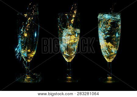 Three Fancy Glasses With Clear Liquid Being Progressively Filled And Splashing Into Them Under Gold 