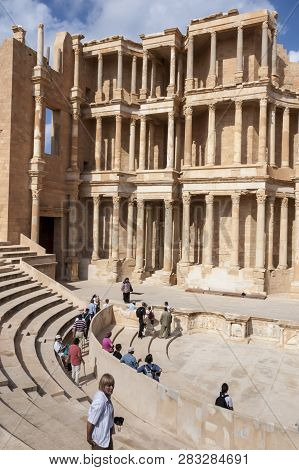 Archaeological Site Of Sabratha, Libya - 10/31/2006:  Tourists At The Theatre Of The Ancient Phoenic