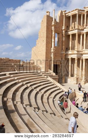 Archaeological Site Of Sabratha, Libya - 10/31/2006:  Tourists At The Theatre Of The Ancient Phoenic
