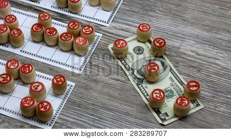 Lottery And Gambling.win Big Money. Win The Lottery. Lotto Game. Tabletop Old Lotto Game With Wooden
