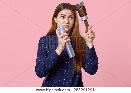 Teenage Girl Hurries For Date, Tries To Make Hairstyle, Combs Hair With Hairbrush, Uses Hairspray, D