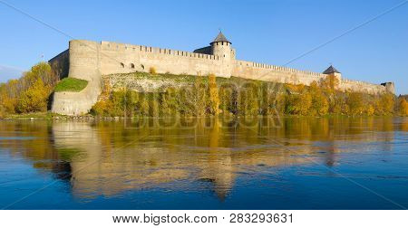 Ivangorod Fortress Close Up In The Indian Summer. Leningrad Region, Russia