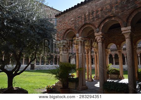 Nice Cloister In The Interior Of The San Zenon Church In Verona. Travel, Holidays, Architecture. Mar